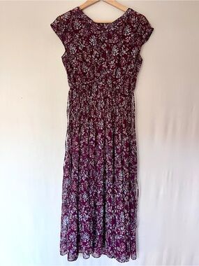 Mystrada Japanese Floral Maxi Dress Burgundy Wine Blue Floral 38